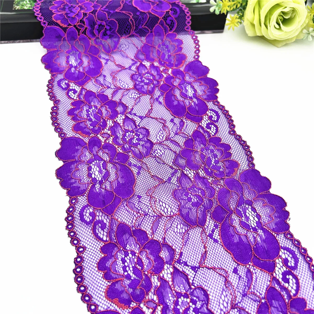 3y/lot Width 16.50cm Purple Flower Violet Elastic Stretch Lace Trim 4