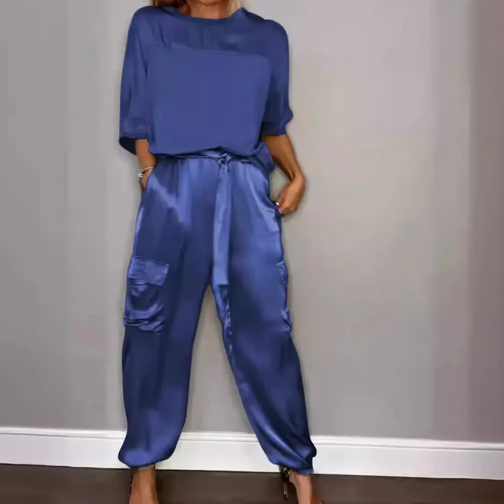 Women Casual Satin Ribbon Pullover Shirt Tops Harem Pant Suits