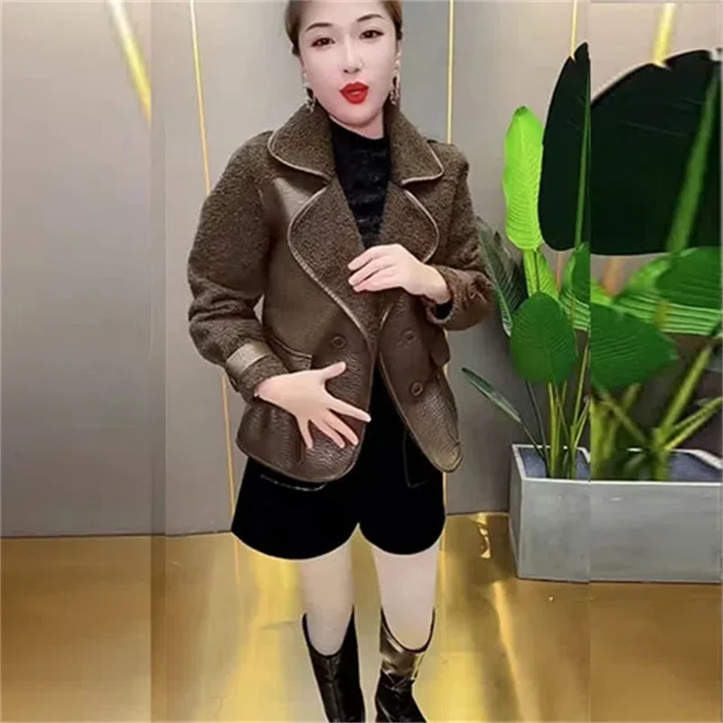 Network Red Fur on Both Sides Wear Leather Loose Coat Women 2022 Winter All Matching Suit Collar Fashion Western Style Top Trend