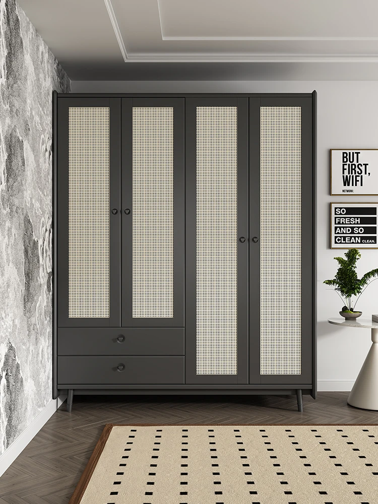 

Nordic solid wood wardrobe Modern simple home bedroom wabi-Sabi vintage black rattan wardrobe with lights