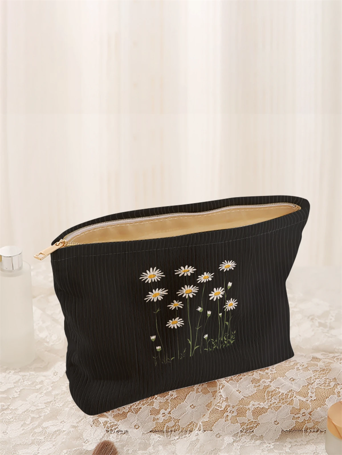 1pc daisy patterned printed corduroy makeup bag, lightweight zipper makeup storage box, multifunctional bag with lining