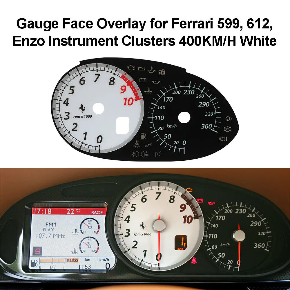 Calibro Face Overlay Per Ferrari 599, 612, Enzo Instrument Clusters 360 Km/H Bianco