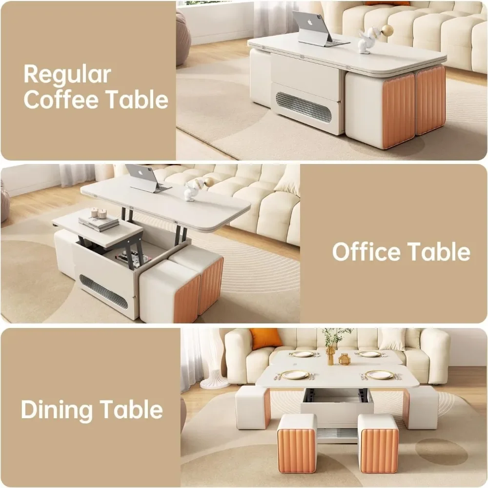 Coffee Table, 3 in 1 Multifunctional Folding Center Tables with 4 Leather Stool & Hidden Compartments, Lift Top Coffee Table 5