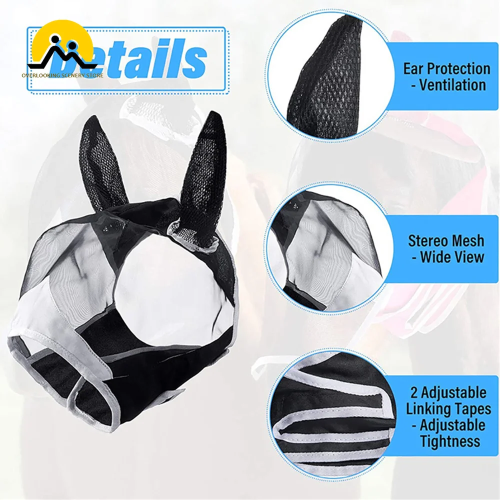 Elastic malha cavalo máscaras, anti mosquito, lavável, para passeios ao ar livre, equipamentos equestres, 1pc