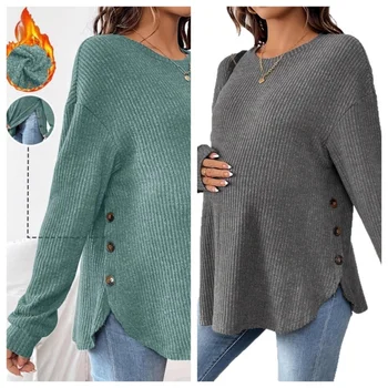 Pregnant Women's New Top For Autumn And Winter Casual Pullover Round Neck Long Sleeved Button Sweater