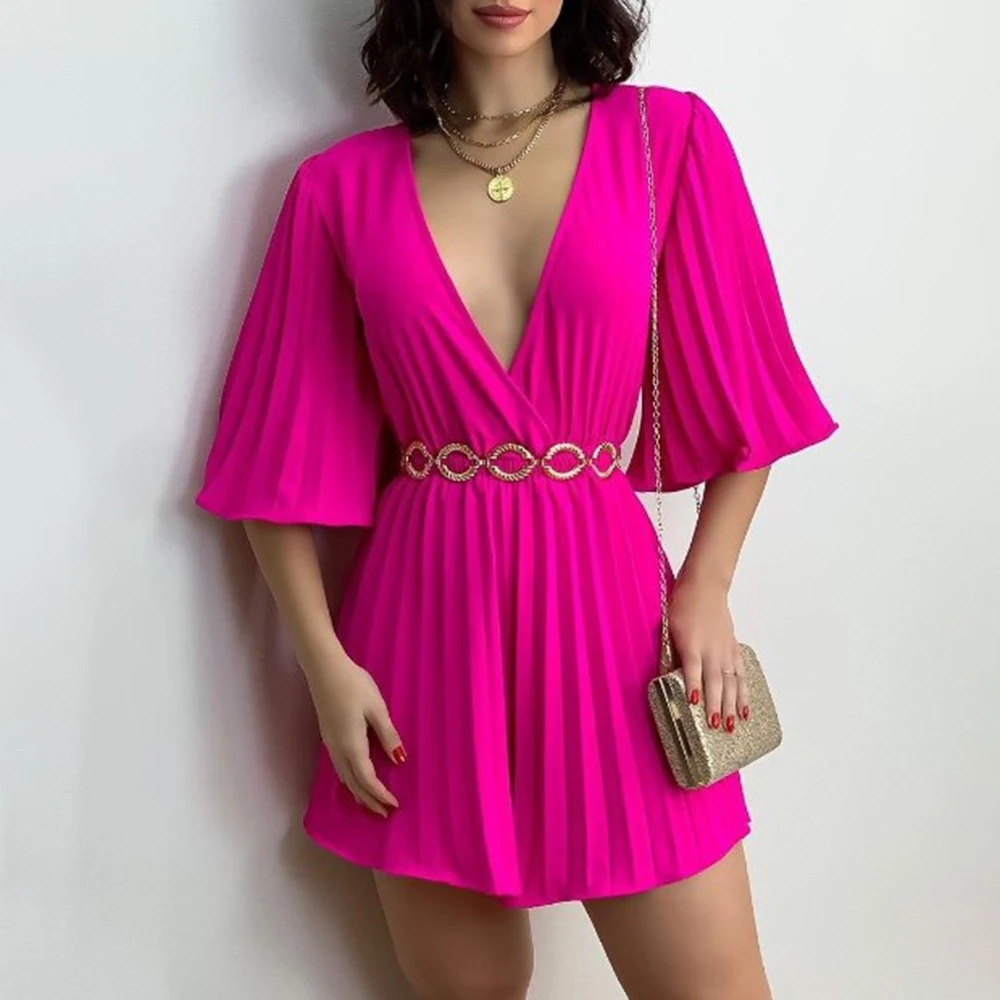 Sexy Deep V-neck Rompers For Women Fashion Pleated Slim Fit Culottes Playsuits Elegant Ladies Short Sleeve Jumpsuit 2023 Summer