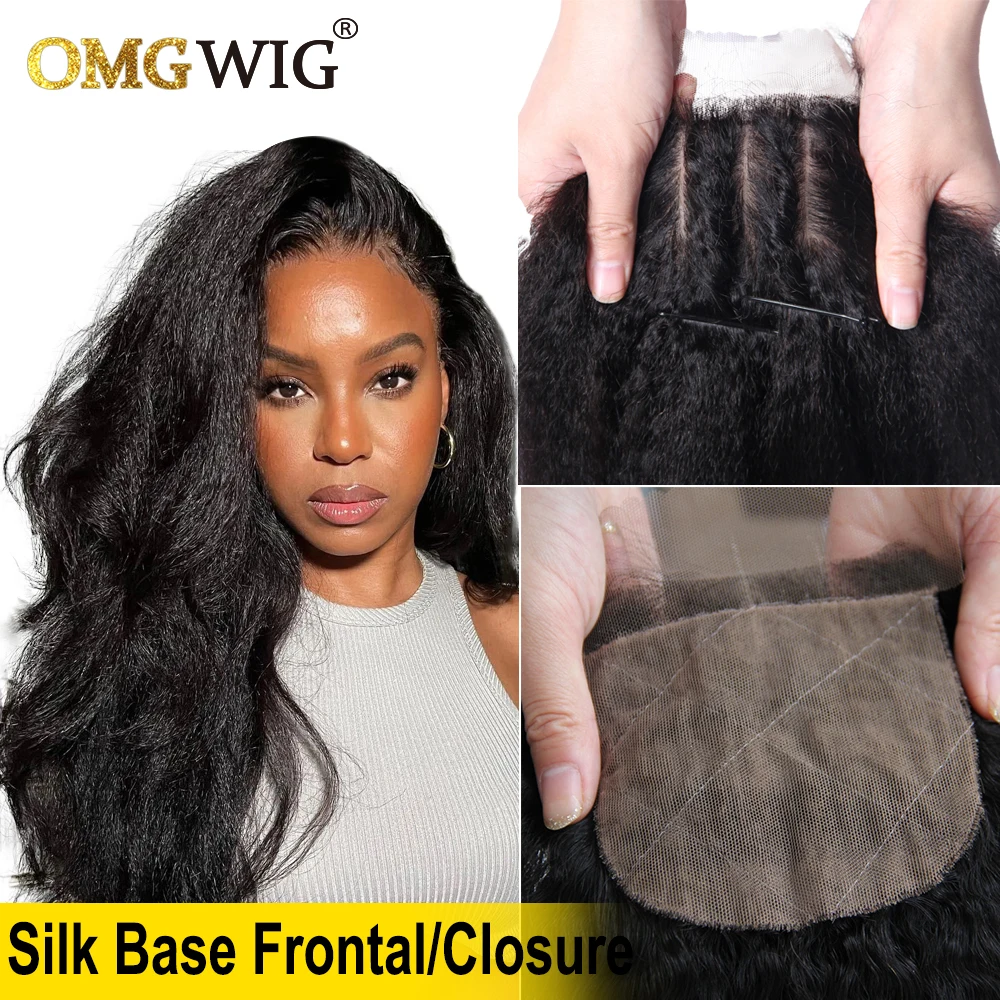 22'' 4x4 Silk Base Closure Kinky Straight Human Hair Lace Frontal Free Part Bleached Knots Transparent Lace Top Human Hair