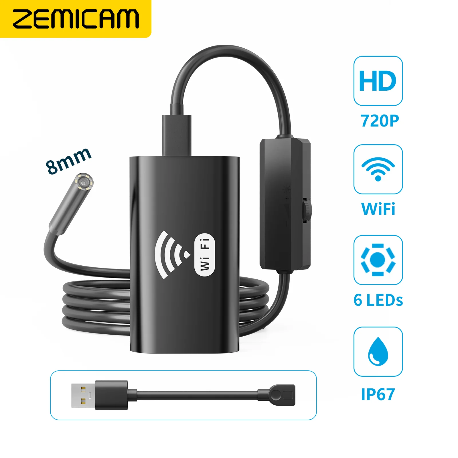 Endoscope WiFi sans fil 2 millions HD avec 8 lumières LED réglables, prise  en charge de l'enregistrement photo et vidéo, pour smartphones Android et  iOS, tablettes Windows - K&F Concept