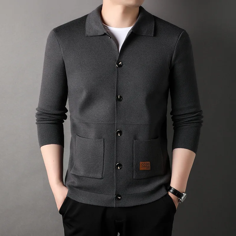 Autumn and Winter New Men's Long sleeved Sweater Youth Popular Cardigan Polo Solid Color Trend Simple Academy Style Knitwear