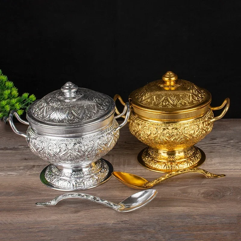 

Relief Metal Container 1pc Tall Pan Flower Thailand Tableware Soup Container Southeast Asian Rice Pot with Spoon
