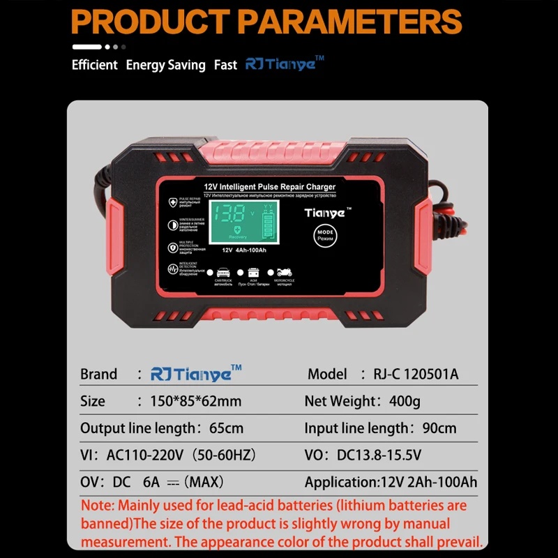 Car Battery Charger 12V 6A Automatic Battery Maintainer Pulse Repair Charger With LCD display AGM Gel Lead Acid