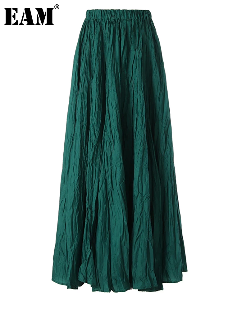 

[EAM] High Elastic Waist Green Black Pleated Elegant Long Half-body Skirt Women Fashion Tide New Spring Autumn 2024 1DF8684