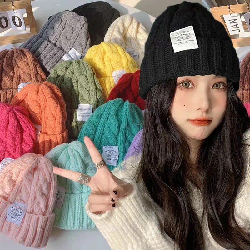 

Colors Winter Knitted Beanies Hat for Women Baggy Slouchy Solid Wool Cap Outdoors Warm Bonnet Hoods Female Snow Ski Warmer Gorra