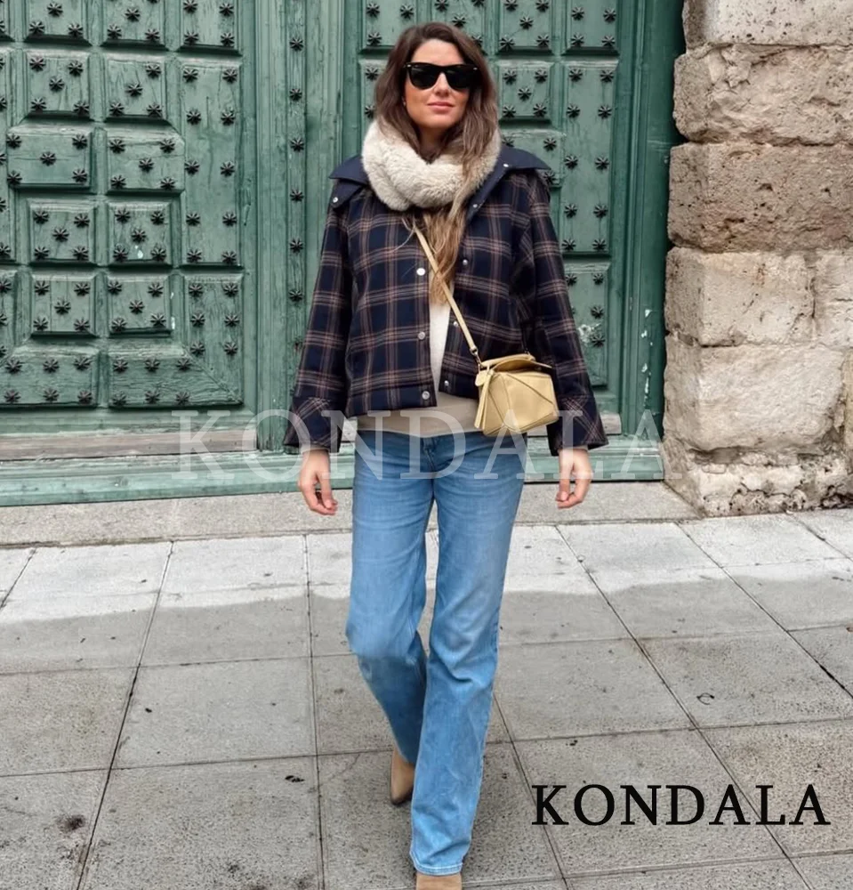 Veste à capuche à carreaux tendance KONDALA pour femme, veste ample à boutons, mode printemps-automne 2026, décontractée, pour le travail, veste pour femme