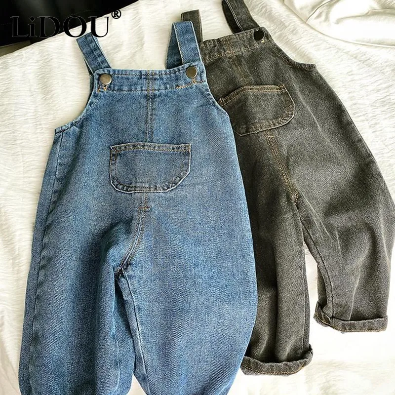 

2023 New Korean Fashion Girls Jumpsuit Clothes Solid Denim Suspende Sweet Cute Kawaii Toddler Boys Jeans Pants Children Overalls