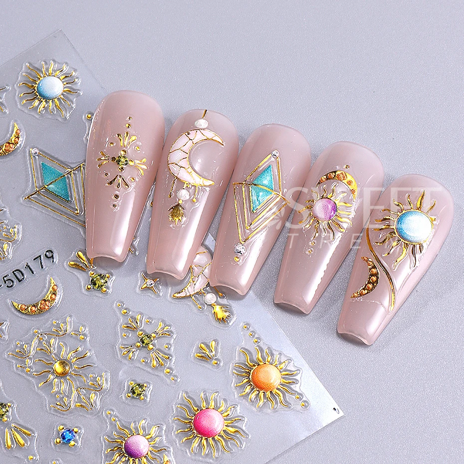 5D Moon Star Flower Nail Art Stickers Decoration Bohemian Style Sun Gem Line Pattern Decal DIY Manicure Sliders Nail Supplies