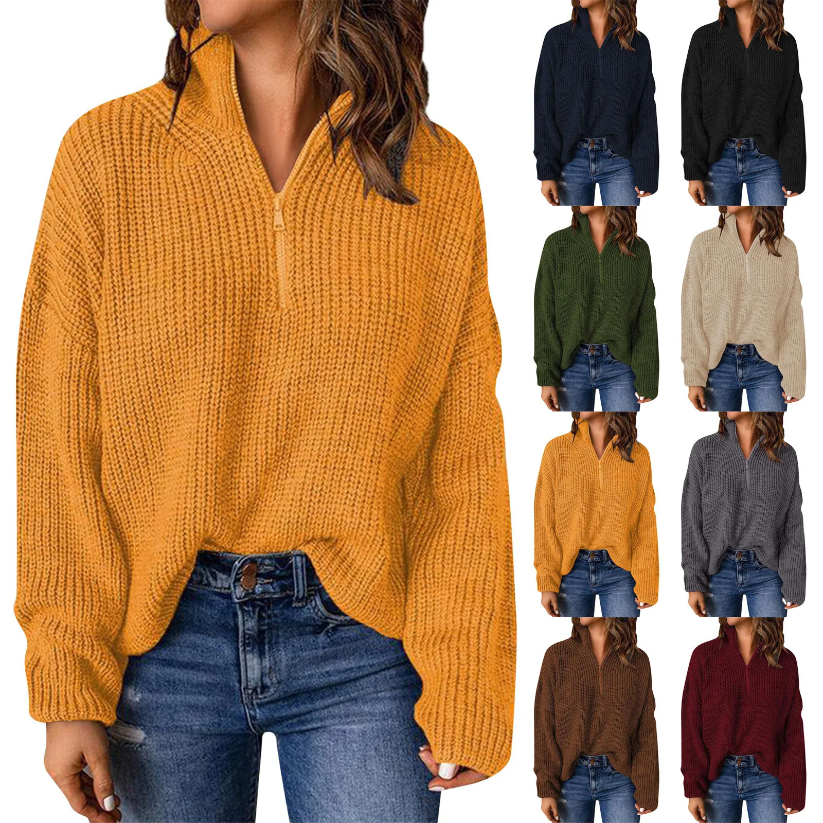 

Women Long Sleeve Stand Collar Pullover Chic Sweater Loose Solid Color Half Zip Sweatshirt Stretchy Turtleneck Rib Knit Tops