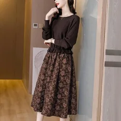 Spring and Autumn Women's Spliced Long Sleeve Round Neck Loose Knitted Underlay Drawstring Waistband Fashion Vintage Dress