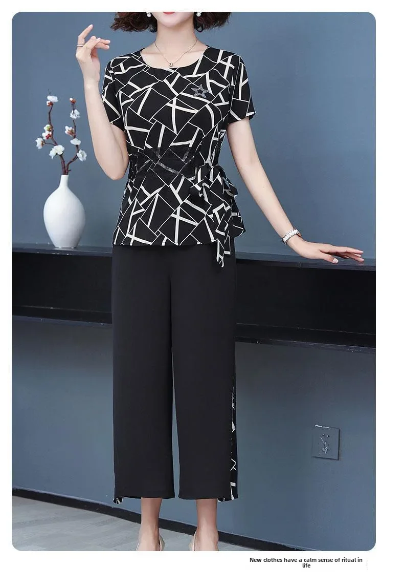 2024 new modern mother and daughter matching clothing set for women in middle age elderly short-sleeve chiffon blouses and cropped pants
