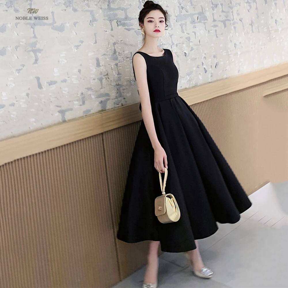 Prom Dress O-Neck Tea-Length Dresses Woman Party Night A-LINE Bow SATIN Evening Dresses