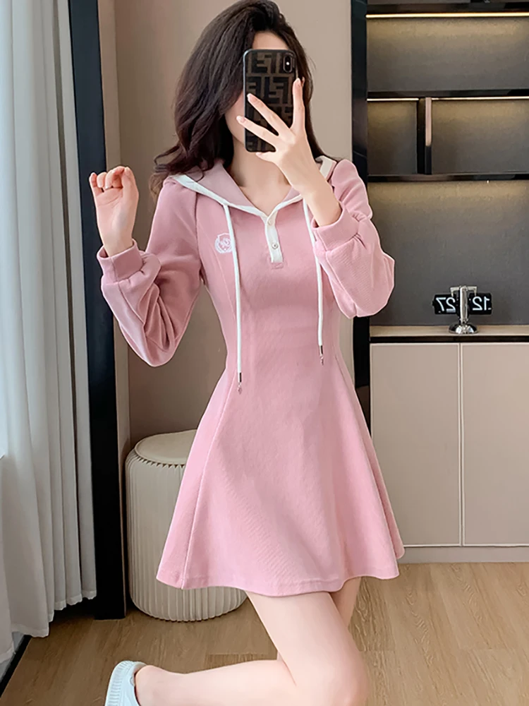

2024 Pink Plus Velvet Chic Hooded Kawaii Short Dress Women Korean Bodycon New Year Dress Autumn Winter Fashion Elegant Vestidos