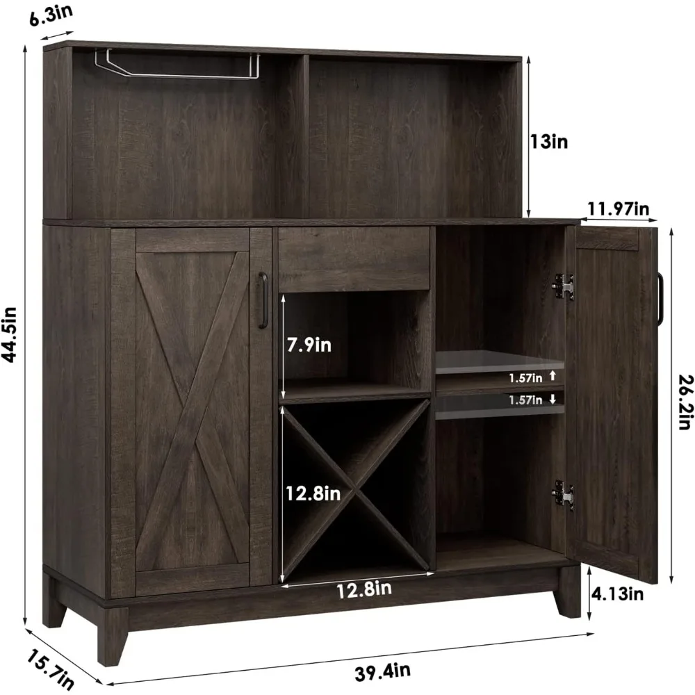 Modern Farmhouse Coffee Bar Cabinet Barn Doors Wine Liquor Bar Cabinet Storage Hutch Kitchen Sideboard Buffet Dark Brown