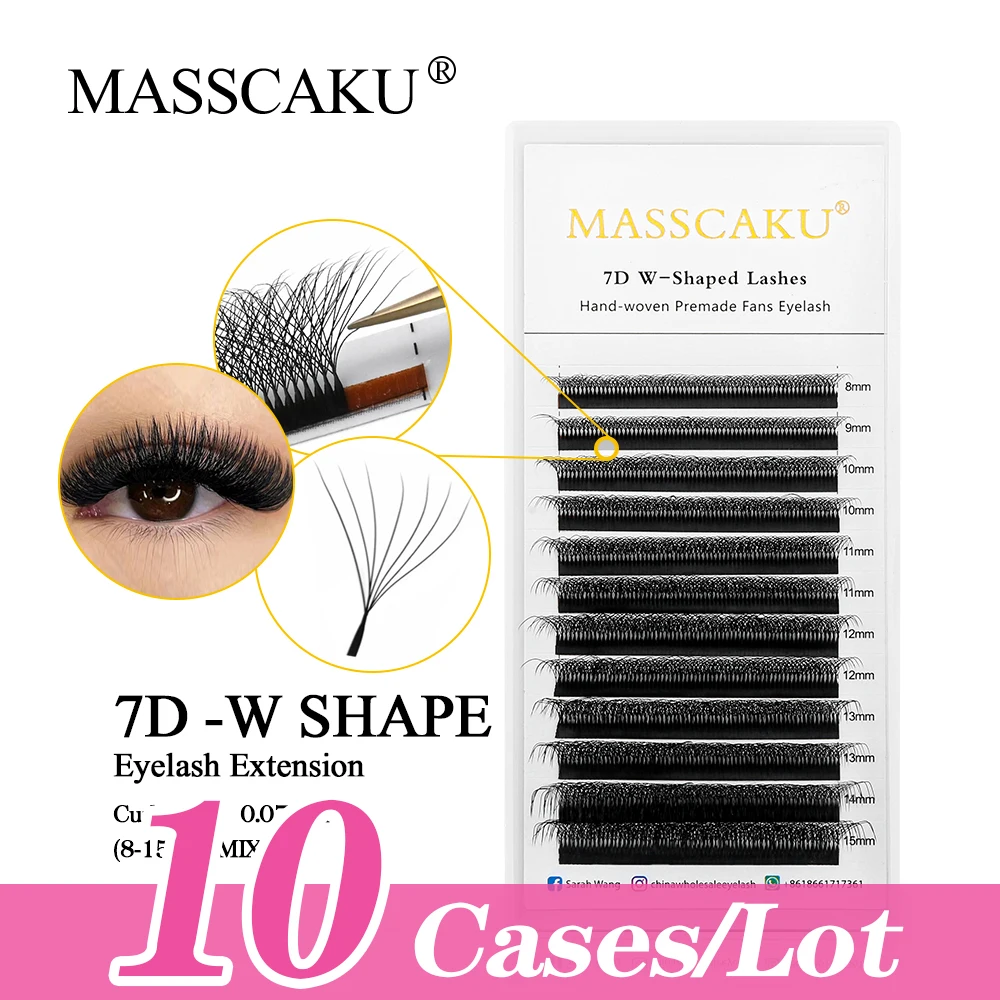 

MASSCAKU 10cases/lot Double Tips 8D W Shape False Eyelash Extensions 8-15mm Mix Length Matte Black Premade Russian Volume Lash