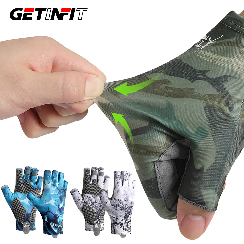 GETINFIT 1Pair Fishing Gloves Outdoor Riding Anti-skid Half Finger Gloves Sunscreen Exposed Finger High Elastic Ice Silk