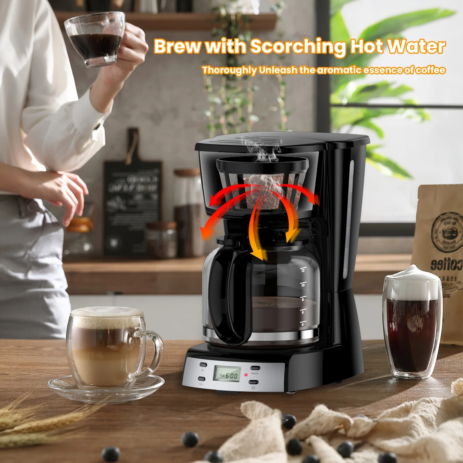 VAVSEA 12 Cup Programmable Coffee Maker, 900W Drip Coffeemaker with Glass Carafe, Auto Shut off, for Home Black 6