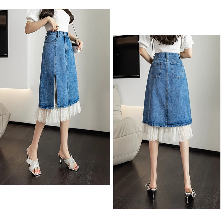 tweed skirt LY VAREY LIN New Spring Women Fashion High Waist Denim Skirts Lady Slim Casual Lace Patchwork Blue A-line Split  Mesh Skirts summer skirts