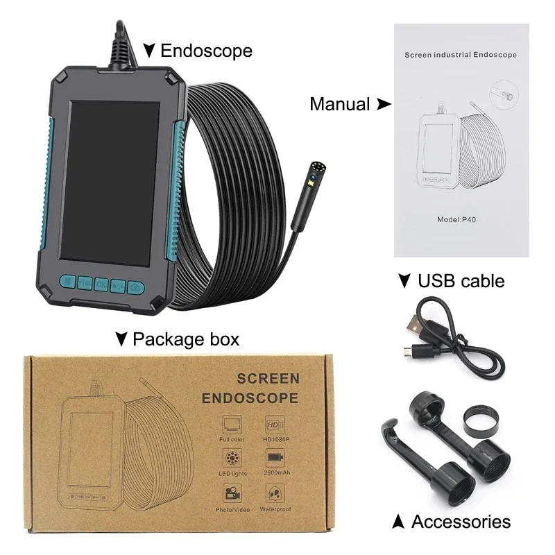 Digital Endoscope Camera 8mm Dual Lens IP67 Industrial Borescope 4.3“ HD Screen LED Pipe Inspection Camera Hard Cable Endoscope