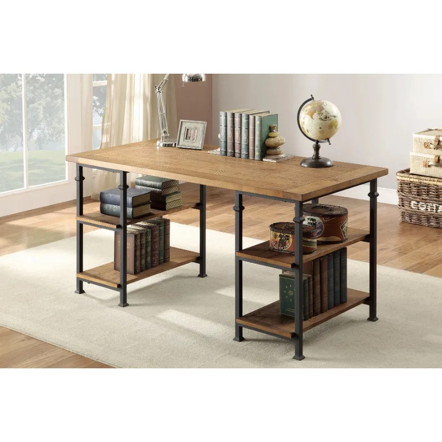 Vintage Industrial 1pc Writing Desk with 4 Open Shelves Rustic Poplar Finish Solid Wood and Metal Furniture Modern Design Offic 2