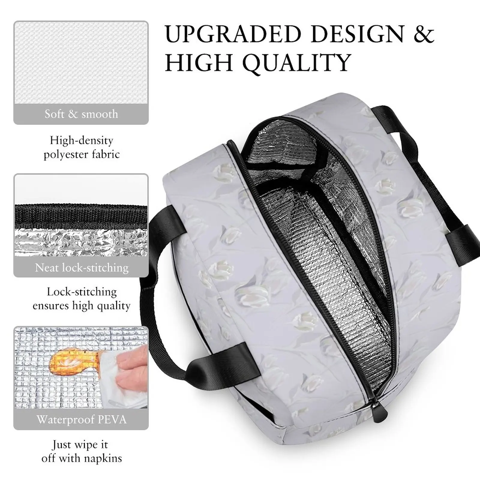 Custom Pattern Tote Lunch Bags for Women Purple Beautiful Flowers Portable Meal Bag Picnic Travel Breakfast Box Office School
