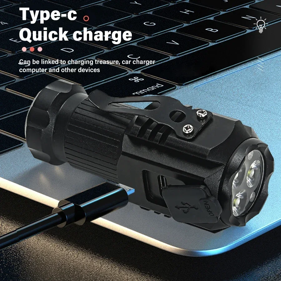 미니 손전등 2000LM 강력한 하이라이트 손전등 3LED 매우 강한 빛 18650 배터리 USB C 자석 토치로 충전식