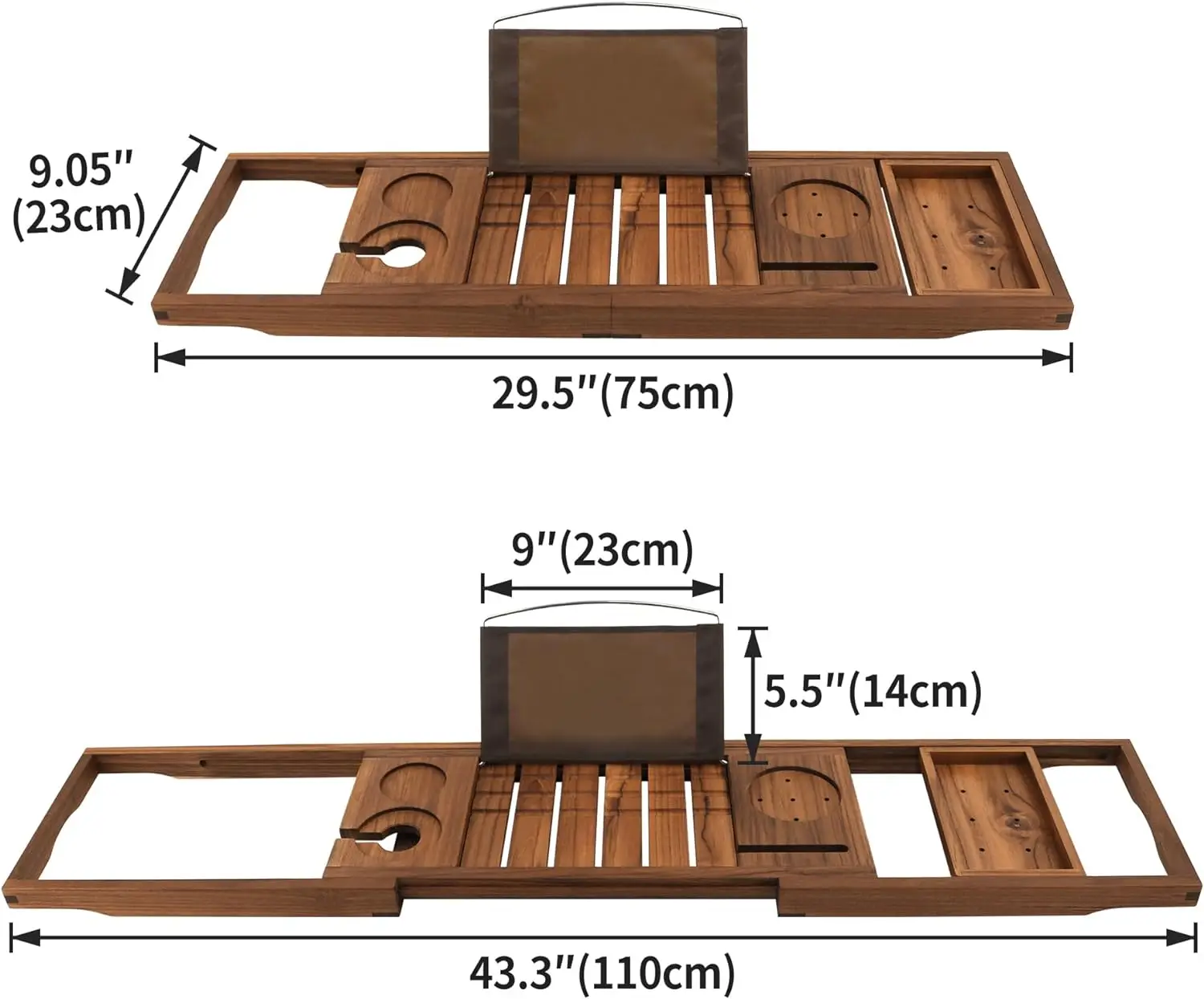 Teak Bathtub Tray, Expandable Wooden Bath Tray for Tub with Wine and Book Holder, Solid Bathroom Caddy with Free Teak