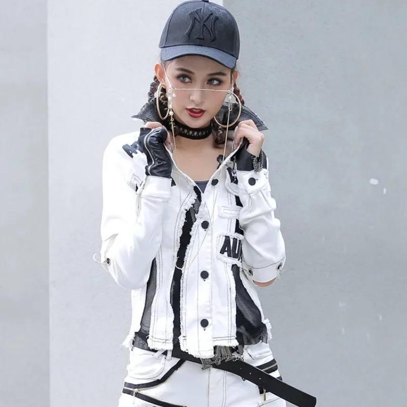 

2024 Spring Autumn Personalized Street Style White Denim Short Coat Women Splicing Mesh Top Fashion Patchwork Jacket LX399S