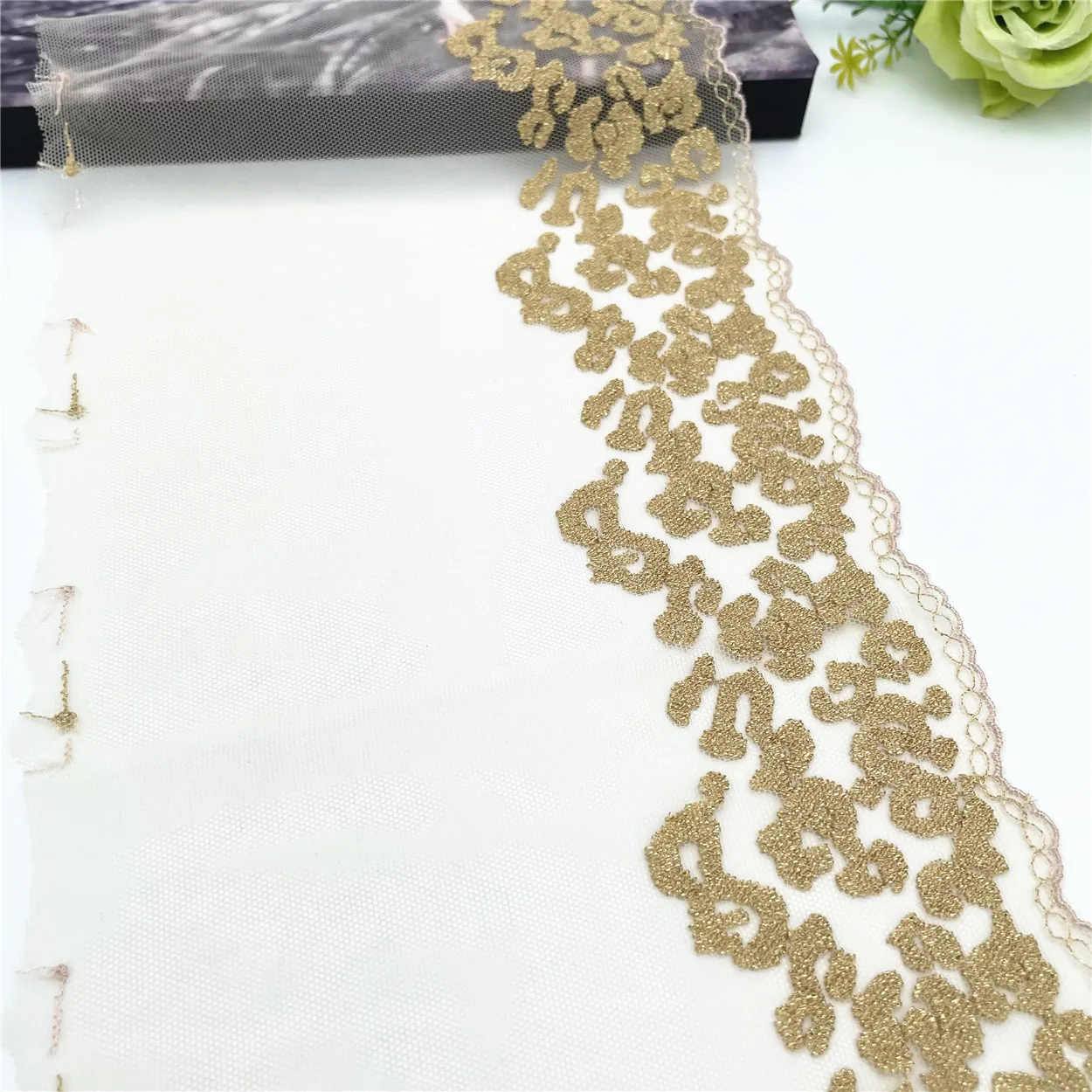 3y/lot Width 7 1/4 inch (18.50cm) Burgundy Shiny Golden Embroidery Lace Trim Clothing Sewing Craft DIY Apparel Fabric Lace 4