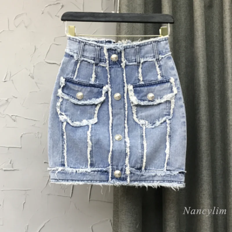 Ripped Denim Skirts for Women 2022 Spring Summer New Korean Style Tassel High Waist Sheath One-Step Short Faldas Slim |