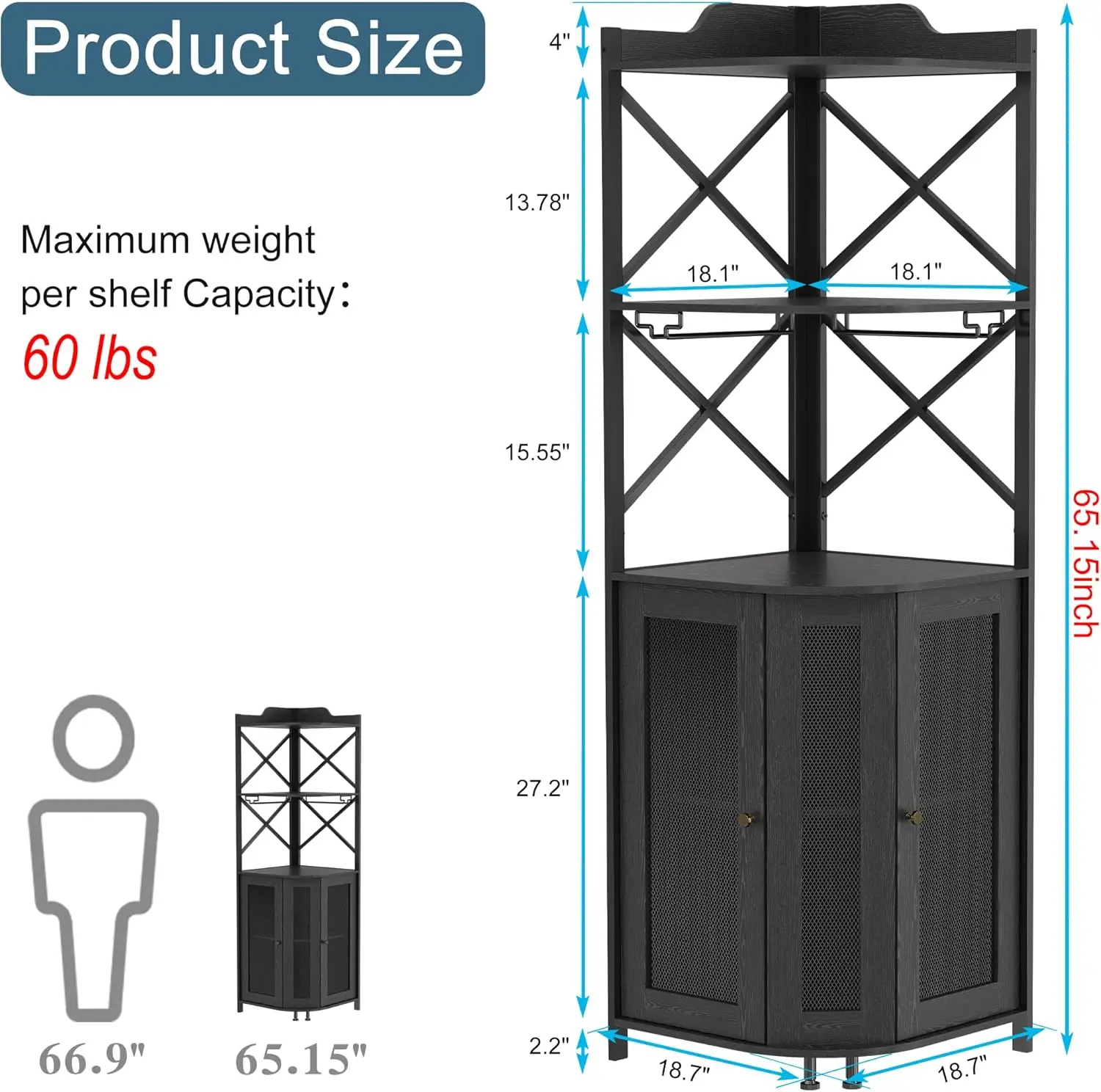 Industrial Corner Bar Cabinet with LED Lights, 5-Tier Wine Storage with Glass Holder and Door, Black Home Bar Furniture