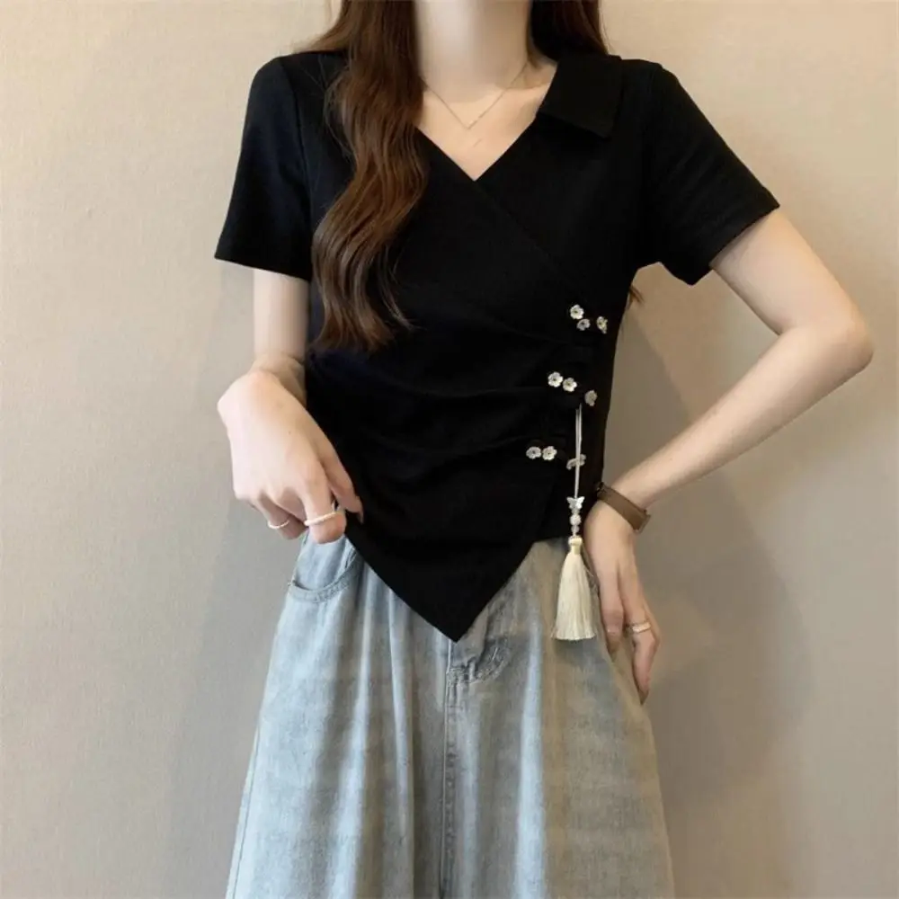 Tassel Pendant Irregular V-neck T-shirt Lapel Chinese Style Women's Slim Crop Tops Female Summer Tops Flower Button