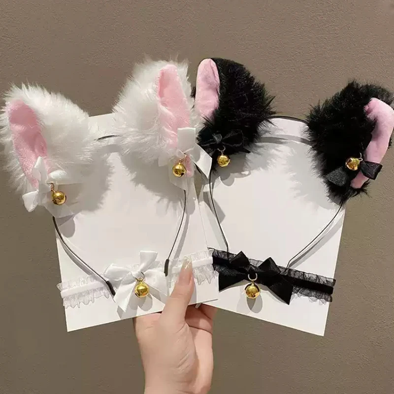 

Y2K Cat Ears Headband for Women Girls Lace Bow Necklace Plush Bell Hairband Cosplay Masquerade-Party Costume Hair Accessories