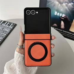 360° Rotating Magnetic Leather Phone Case with Metal Bracket and Wireless Charging Compatibility for Galaxy Z Flip 8 (Orange)