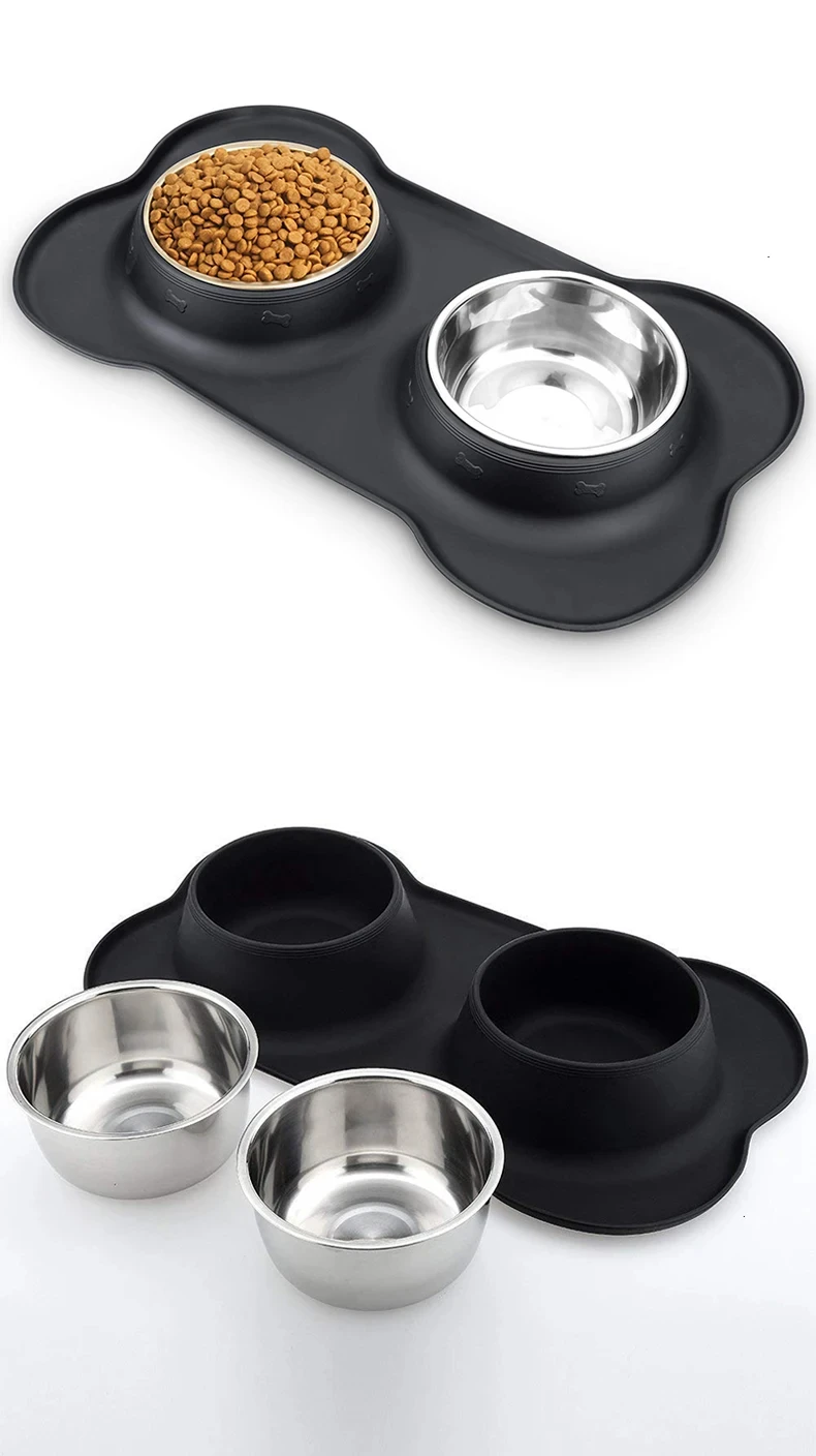 Title 6, Antislip Double Dog Bowl With Silicone Mat Dura...