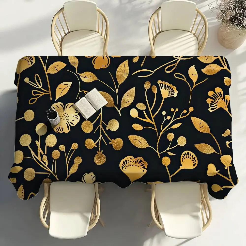 Black Gold Pattern Flower Table Cloth Party Decor Dining Room Home Kitchen Patios Waterproof Stain-Proof Table Cloth 2