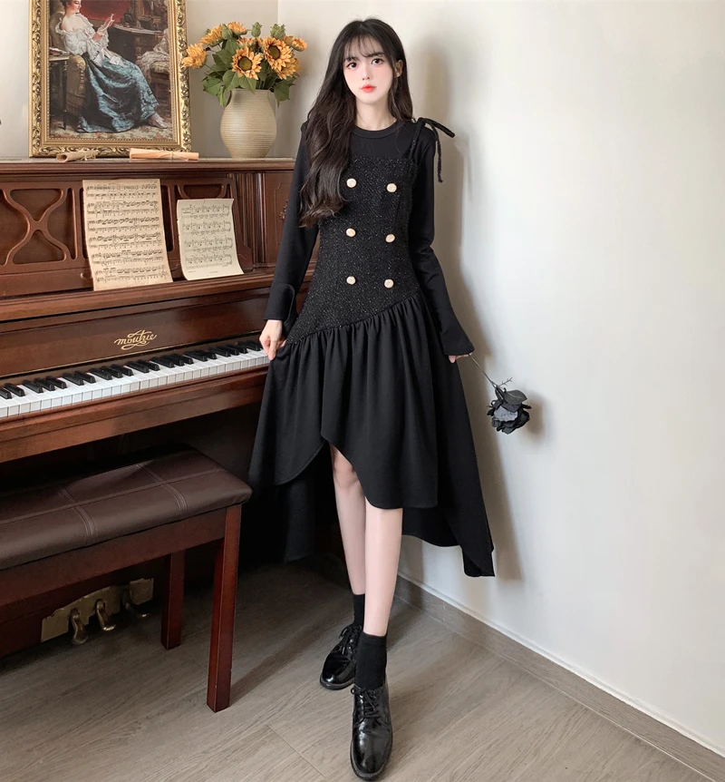 

Elegant Woolen Patchwork Long Dresses For Women Large Size Autumn Winter Loose Female O Neck Red Warm Vestidos Irregularity Robe
