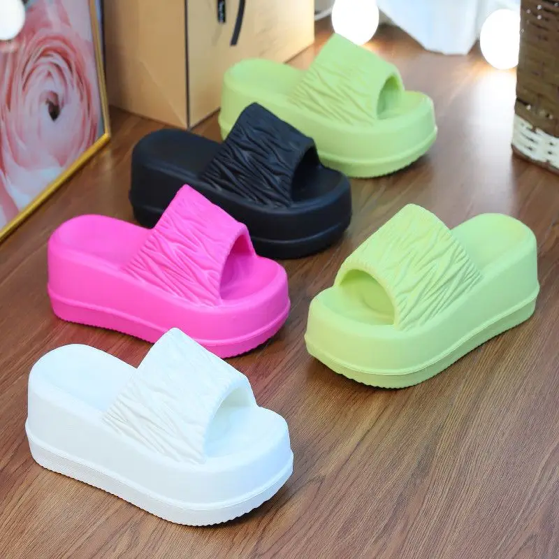 Summer high wedge sandals women's 7cm chunky heel mules women candy color slippers white mules house shoes woman outdoor slipper