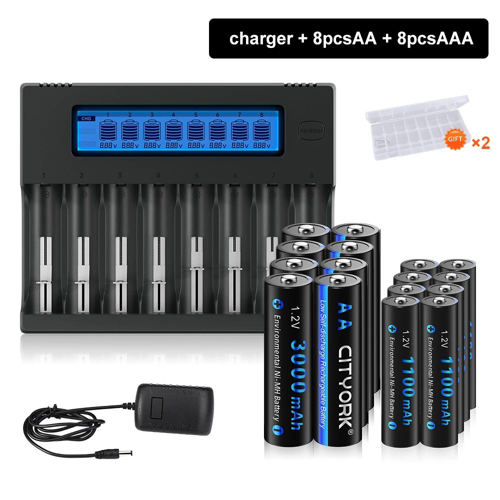 

CITYORK 1.2V NI-MH AA AAA Rechargeable Battery+8-Slot LCD Display Charger for 1.2V AA AAA batteries 3.7V 18650 16340/16350 14500