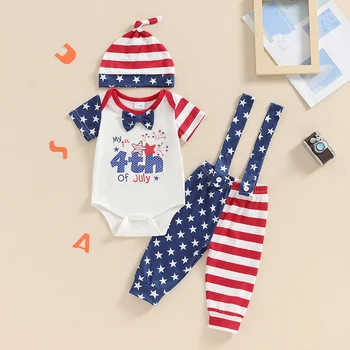 Lioraitiin Baby Boys 4th of July Outfit Letter Print Short Sleeve Rompers Stripe Stars Suspender Long Pants Hat 3Pcs Clothes Set 4