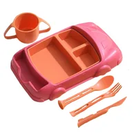 Durable Creative Car Shaped Dinner Plate Detachable Cartoon Kid's Lunch Plate with Cup Compartment Feeding Food Tray Gift