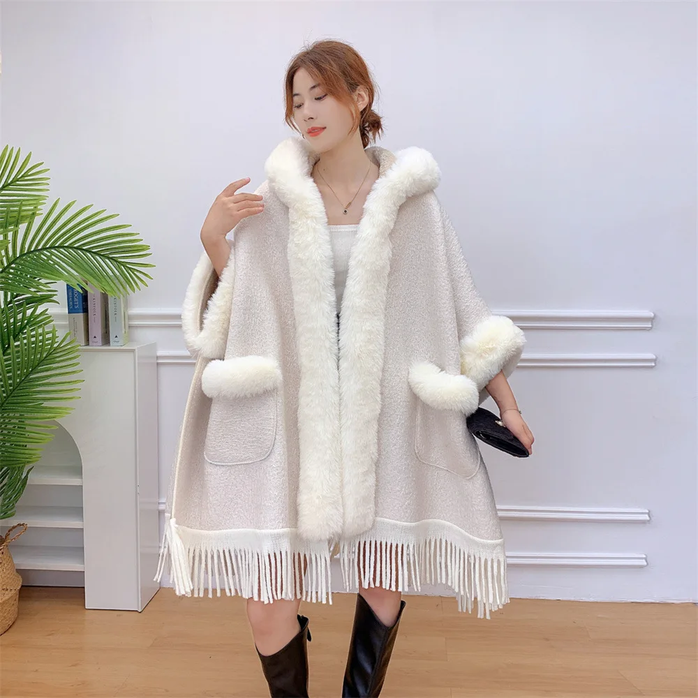 ジャケット・アウター wool cachemir hood far poncho buckle y2k Japanese Korean Cloak Winter Women Faux Fur Loose Poncho Cape